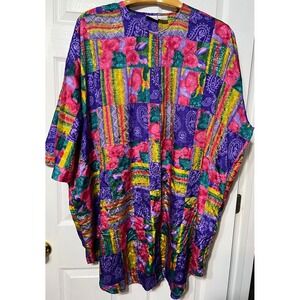 Vtg Simply Basic Colorful Patchwork Print Kimono‎ MuuMuu 2 Pockets One Size